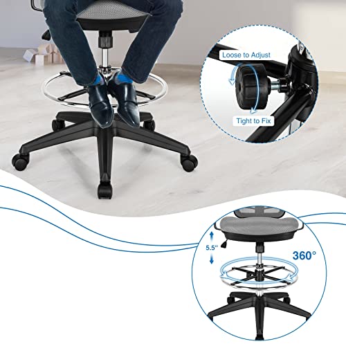 Mesh Drafting Chair with Adjustable Armrests & Footrest - Grey