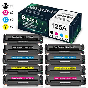 9-Pack (3BK+2C+2Y+2M) 125A | CB540A CB541A CB542A CB543A Compatible Remanufactured Toner Cartridge Replacement for HP Color Laserjet CP1215 CP1518ni CM1312nfi CM1312 Printer, Toner Cartridge.