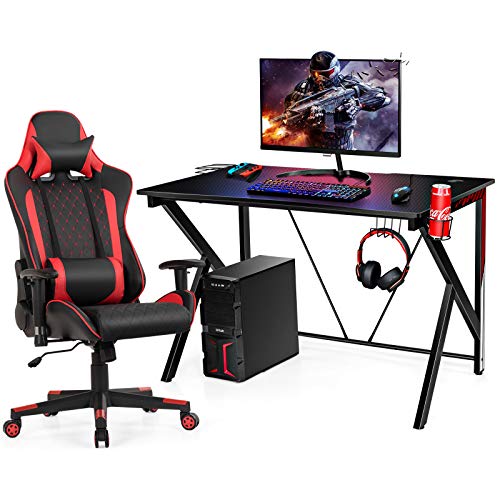 Tangkula Gaming Desk and Gaming Chair Combo Set, Computer Desk and Racing Office Chair Set w/Cup Holder, Earphone Hook, Lumbar Massage and Headrest, Home Office Furniture Set (Red)