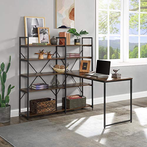 54" Large Home Office Computer Desk with 5-Tier Shelves, Office Desk Study Table with Bookcase, Writing Desk Workstation with Hutch Bookshelf (Brown)