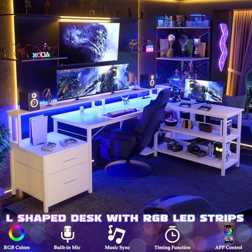 Aheaplus L Shaped Desk with File Drawer, Power Outlet, LED Strip - 72.8" Reversible Gaming & Office Corner Desk