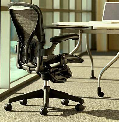 Herman Miller Classic Aeron Task Chair: Tilt Limiter w/Seat Angle Adj - PostureFit Support - Fixed Vinyl Arms - Standard Carpet Casters