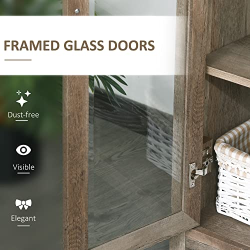 HOMCOM 71" Bookcase Storage Hutch Cabinet with Adjustable Shelves, Glass Doors - Natural Wood