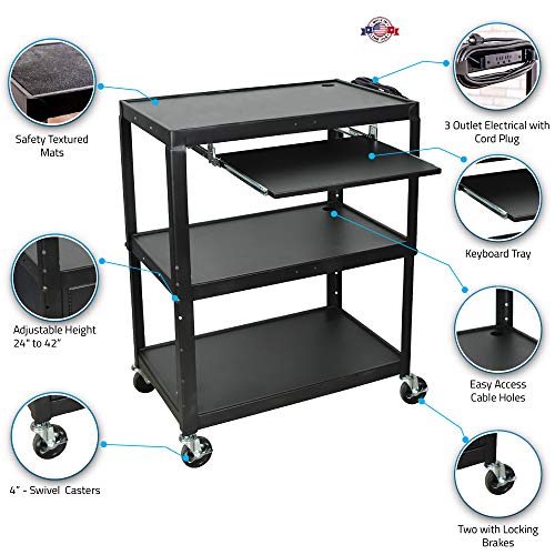 Luxor - Extra-Large Adjustable-Height Steel AV Cart with Pullout Keyboard Tray