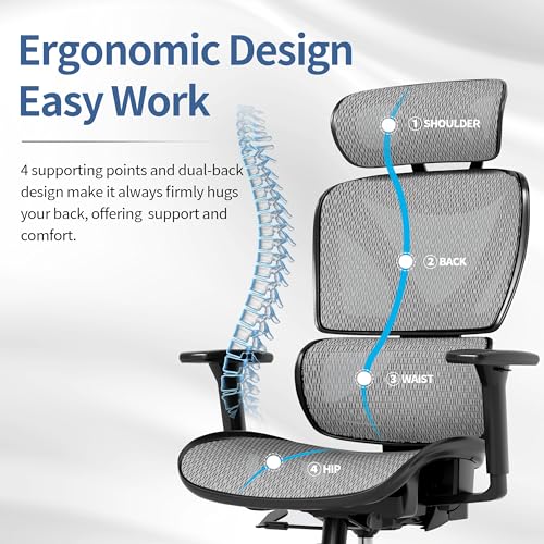 GABRYLLY Ergonomic Office Chair with Lumbar Support, Adjustable 3D Arms, Reclining, Headrest & Large Seat - Grey