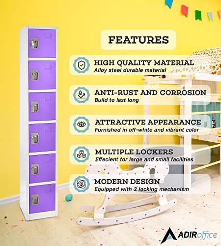 AdirOffice Large School Locker with 6 Doors and 6 Hooks - Purple