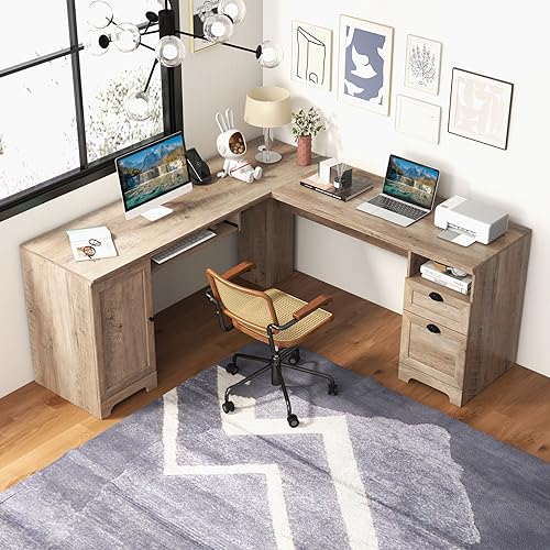 Tangkula L-Shaped Office Desk with Keyboard Tray, Storage Drawers & Cabinet