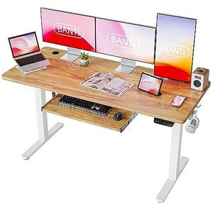 BANTI Adjustable Height Standing Desk 63''x24'' with Keyboard Tray - Light Rustic Brown