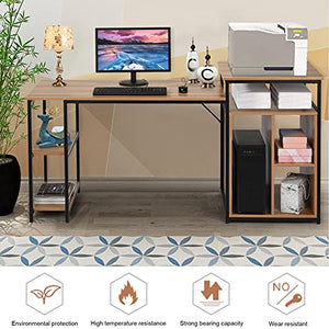 Home Office Desk with Printer Stand and Storage Shelves, 47 inches Computer Desk Large Gaming Desk Multifunctional Writing Table Workstation with Space Saving Design (Brown)