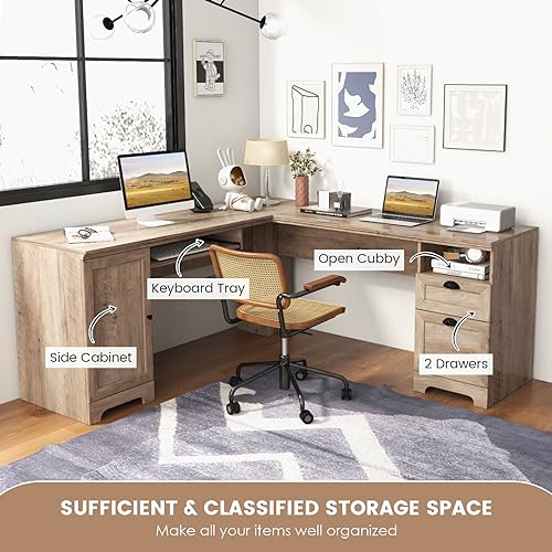Tangkula L-Shaped Office Desk with Keyboard Tray, Storage Drawers & Cabinet