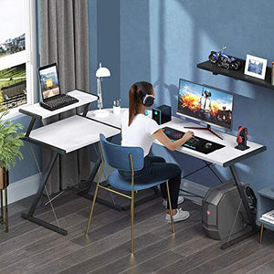 L Shaped Computer Desk Home Office Desk with Round with Large Monitor Stand Laptop Table for Home Office Workstation-White A