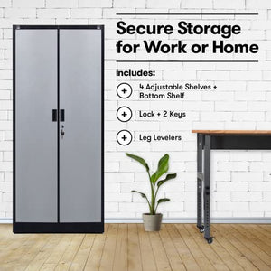 Fedmax Metal Garage Storage Cabinet - 71" Tall Steel Utility Locker with Adjustable Shelves & Locking Doors - Grey & Silver