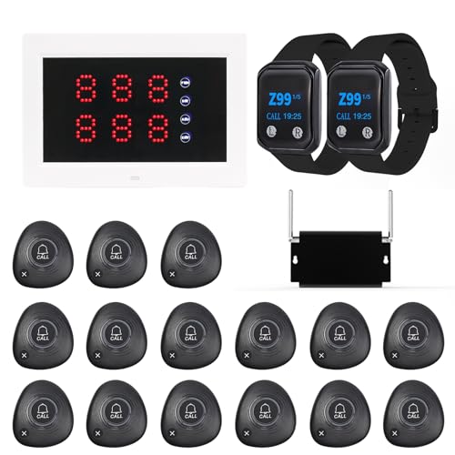WNKRUN Restaurant Pager System with 1 Display Screens/15 Call Buttons/2 Watch Pagers