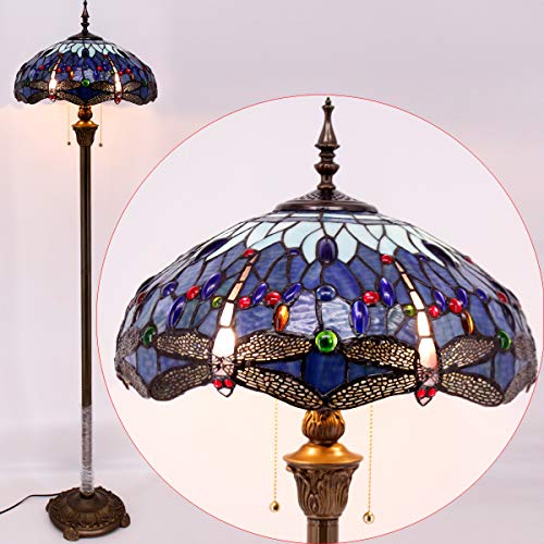 WERFACTORY Tiffany Dragonfly Blue Stained Glass Floor Lamp 16X16X64 Inches - S004 Series