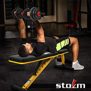 STOZM Deluxe Adjustable Strength Training Bench/Weight Bench (Amber) & Multi Purpose Weightlifting Accessories Set with Dumbbell/Kettlebell Handles & Connector (Red) (C59H)