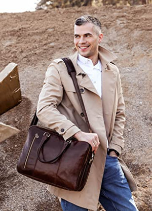 Leather Laptop Briefcase - Full Grain Leather Computer Bag for Men and Women - Time Resistance (Brown)