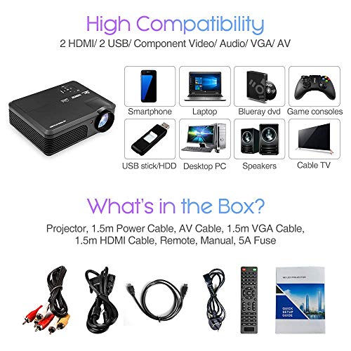 Bluetooth Smart Wi-Fi HD Projector Portable LCD LED 4400 Lumen Home Theater Video Projectors 1080P Full HD Airplay Wireless Display, HDMI USB VGA AV RCA Audio, for Movies Games Indoor Outdoor