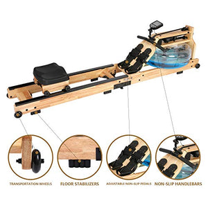 LUCYKERMORE Oak Wood Water Rowing Machine for Home Use with Adjustable Pedal Exercise Equipment for Whole Body Cardio Training, 330 lbs