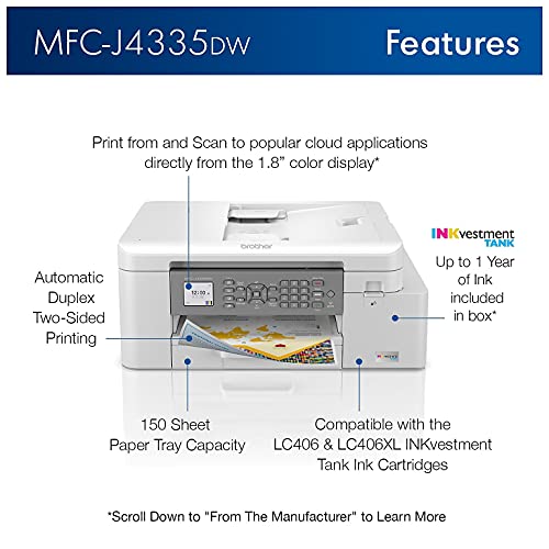 Brother MFC-J4335D INKvestment Tank Wireless Color Inkjet All-in-One Printer - Print Copy Scan Fax- 20 ppm, 4800 x 1200 dpi, 8.5" x 11" Letter, Auto Duplex Printing, 20-sheet ADF, BROAGE Printer Cable