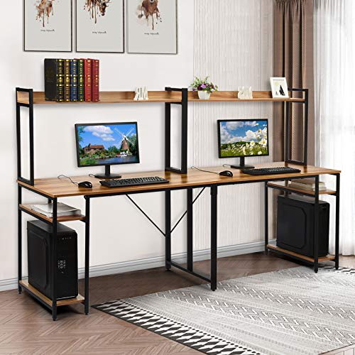 Double Workstation Desk, 94.5 inches Computer Desk with Hutch, Extra Long Two Person Desk with Storage Shelves, 2 in 1 Study Table & Bookshelves Combo PC Laptop Workstation for Home Office (Brown)