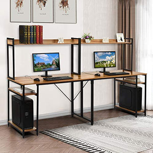 94.5 inches Computer Desk, Extra Long Large Two Person Desk with Hutch and Storage Shelves, Double Workstation Office Desk Table Study Writing Desk for Home Office (Brown)