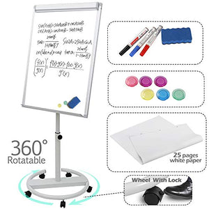 F2C 40 x 28 inch Mobile Magnetic Whiteboard Portable Dry Erase Board Height Adjustable Easel Board with Rolling Stand, w/ Eraser, 3 Markers, Flipchart Paper Pad, 6 Magnets