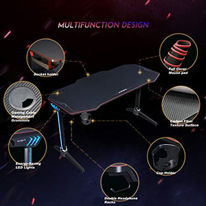 ELEGANT Gaming Desk with Led Lights Gaming Desk 55 inch Computer T-Shaped E-Sports Game Table Metal PC Desk with Mouse Pad Workstation for Home Office(Black)