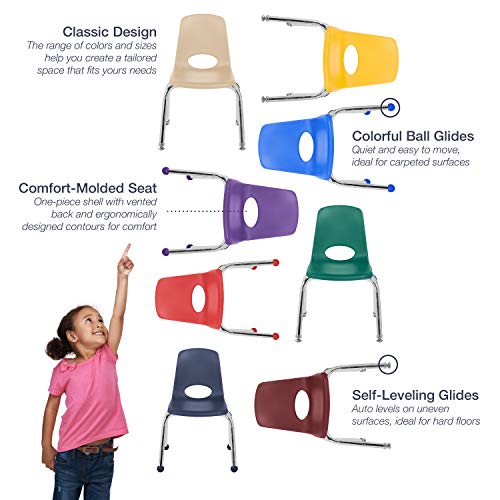 FDP 16" School Stack Chair, Stacking Student Seat with Chromed Steel Legs and Ball Glides; for in-Home Learning or Classroom - Black (6-Pack), 10367-BK