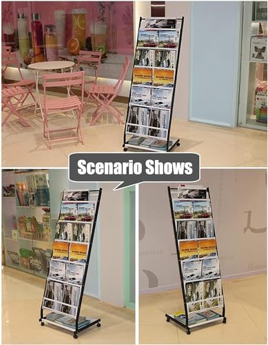 TIST Large Brochure Rack with Rollers, Black Metal Magazine Rack