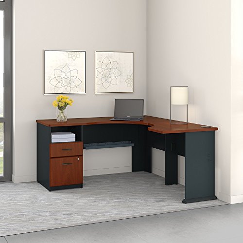 Bush Business Furniture Series A 60W L Shaped Corner Desk with 2 Drawer Pedestal and 30W Bridge in Hansen Cherry and Galaxy