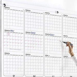 Giant Clear Acrylic Dry Erase Calendar Year Quarter Board For Wall 60 x 36 Inches With Mounting Hardware Silver Anchors, Acrylic Dry Erase Calendar, Jumbo Yearly Wall Calendar With 12 Months Undated