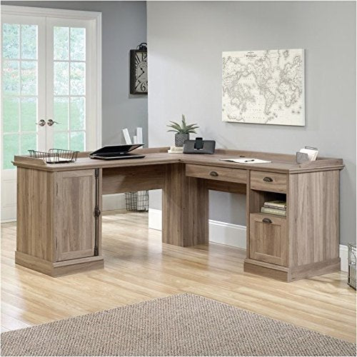 Pemberly Row Home Office L Shaped Corner Desk with Computer Tower Storage Salt Oak Finish