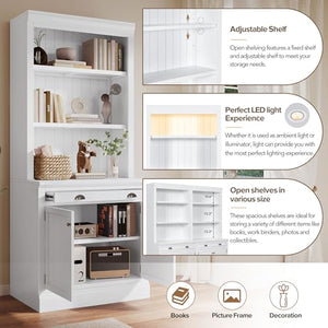 Holaki Tall Bookcase Suite with Doors and Drawer, Modern Storage Cabinets, 2-Piece Set with LED Lighting, White