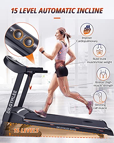 DR.GYMLEE Folding Treadmill for Home,with 15% Automatic Incline,300LBS Weight Capacity,Easy Assembly Electric Motorized Running Machine Use with LCD Screen/Heart Rate Monitor/Phone Cup Holder - 9028S