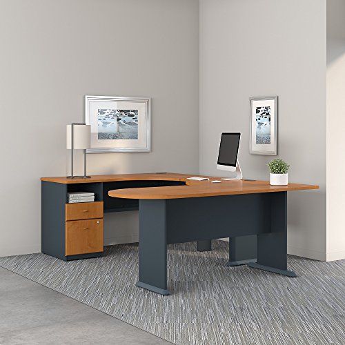 Bush Business Furniture Series A U Shaped Corner Desk with Peninsula and Storage in Natural Cherry and Slate