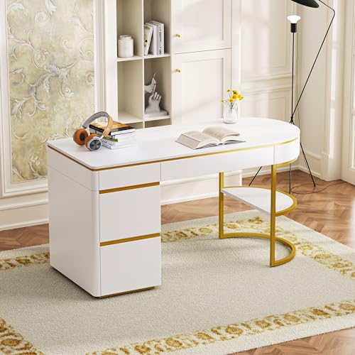 Merax 60'' Modern Executive Home Writing Curved Computer Desk with Metal Legs, 3-Drawers, and Storage Cabinet - White+Gold