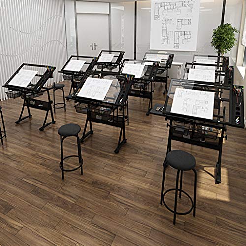 Lgan Drafting Table with Storage, Height Adjustable Tiltable Art Desk, Glass Panel Drawing Desk, for Work Study Painting Craft Table