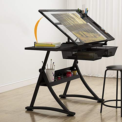 Lgan Tiltable Drawing Table, Adjustable Art Desk, with Storage Craft Table, Drafting Table Glass Panel, Child Adult Drawing Desk