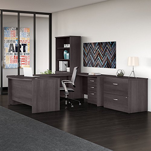 Studio C 60W x 36D U Shaped Desk with Bookcase and File Cabinets in Storm Gray