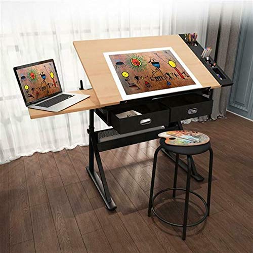 BJYX Drafting Table Adjustable Drawing Table Tiltable Art Craft Writing Desk w/Stool