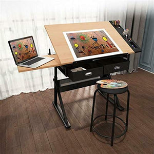 DXXWANG Height Adjustable Drafting Table Tiltable Tabletop Drawing Table Desk with Stool