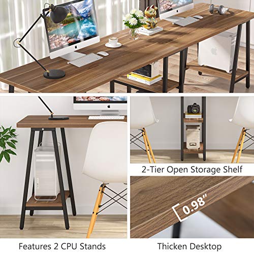 Tribesigns 94.5 Inches Computer Desk, Extra Long Two Person Desk with Storage Shelf (Retro Brown)