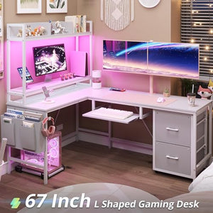 VIGKOOK L Shaped Gaming Desk with Power Outlet & LED Strip, White, 67in
