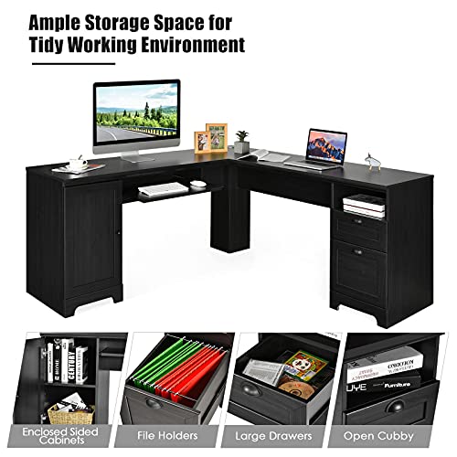 Tangkula L-Shaped Desk, 66" × 66" Corner Computer Desk with Drawers and Storage Shelf, Home Office Desk, Sturdy and Space-Saving Writing Table, Black