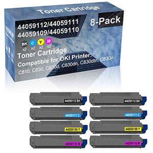 8-Pack (2BK+2C+2Y+2M) Compatible High Capacity Type C14 (44059112+ 4059111+ 44059109+ 44059110) Toner Cartridge Used for Oki C810, C830 Printer