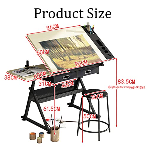 FLaig Adjustable Drafting Table with Stool, 2 Drawers, Metal Frame, Tiltable Art Craft Desk, Wooden Tabletop, Home Office Beauty