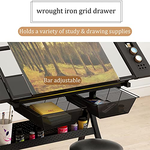 VejiA Glass Drafting Table with Stool, Height Adjustable & Tiltable, Tempered Glass Top Art Desk