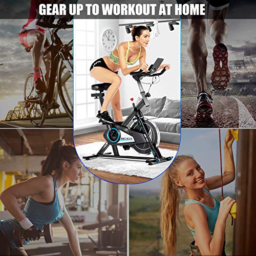 ANCHEER Exercise Stationary Bike, Indoor Cycling Bike Belt Drive with APP Connection, Adjustable Resistance, LCD Monitor, Comfortable Cushion,Pad/Phone Holder, Quiet for Home Gym Cardio Workout