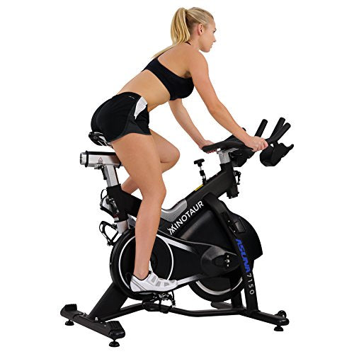 Sunny Health & Fitness ASUNA 7150 Minotaur Exercise Bike Magnetic Belt Drive Commercial Indoor Cycling Bike with 330 LB Max Weight, SPD Style / Cage Pedals and Aluminum Frame, Black