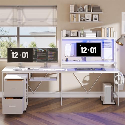 VIGKOOK L Shaped Gaming Desk with Power Outlet & LED Strip, White, 67in